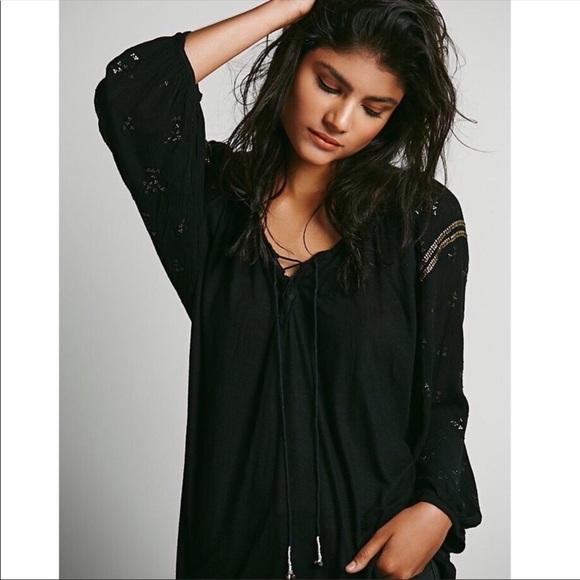 Free People Black Gold Nugget Peasant Top - Picture 1 of 11